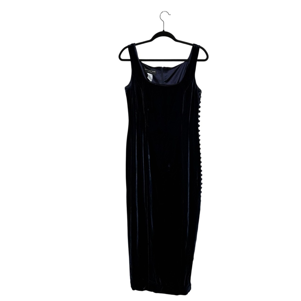 Vintage Jones New York Evening Blue Purple Velvet Button Side Cocktail Dress 90s